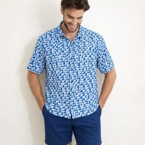 Tommy Bahama Men’s Blue Geometrical Silk Hawaiian Camp Shirt Sz XL Triangular